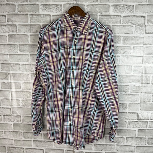 Peter Millar Baby Blue & Purple Plaid Long Sleeve Button Down Shirt Mens Large - Picture 2 of 7